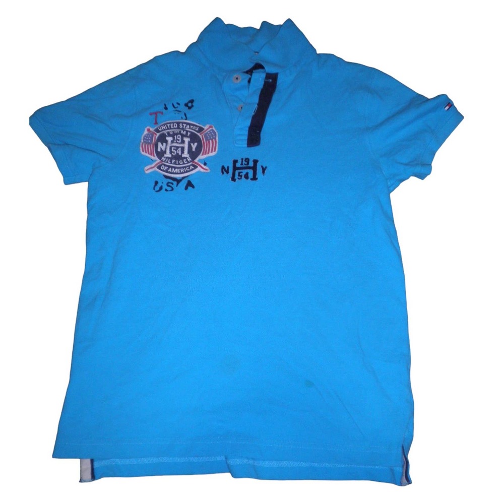Tommy Hilfiger Med Slim Fit EUC Polo Style Shirt, Distressed Emblem, Blue, SS